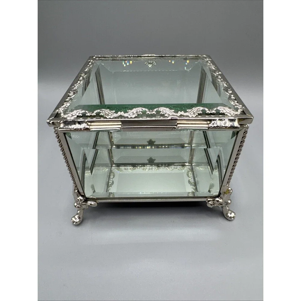 Cynthia Rowley Beveled Glass Jewelry Box Silver Trinket Keepsake Box 3.5x4x4.25
